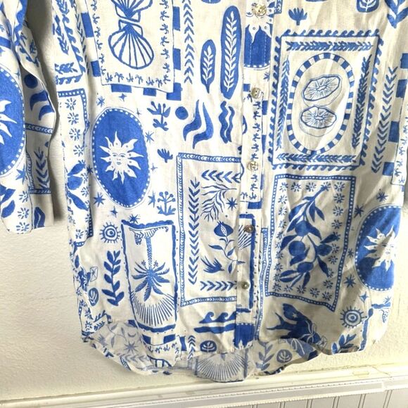 Women's Calyspo Blue and White Graphic Linen Blend Button-Up Shirt Sizs Small - Picture 8 of 11